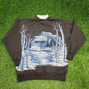 Vintage Winter Rustic Cabin Sweatshirt Womens Small 19x23